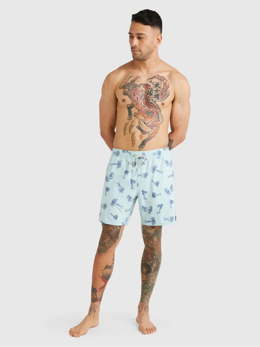 RVCA Andrew Pommier Palm Print Elastic Waist Boardshorts | Blue Haze | Men’s Med
